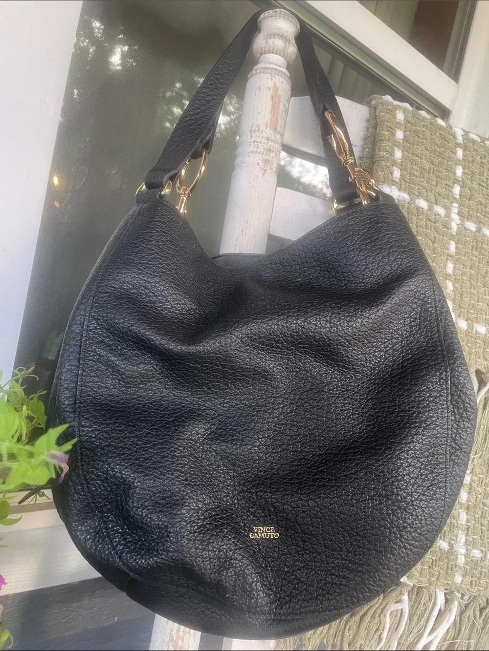 Vince Camuto Black Pebbled Leather Slouch Hobo with Gold Hardware